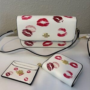 Coach White and Red Kiss Print Crossbody Bag Set